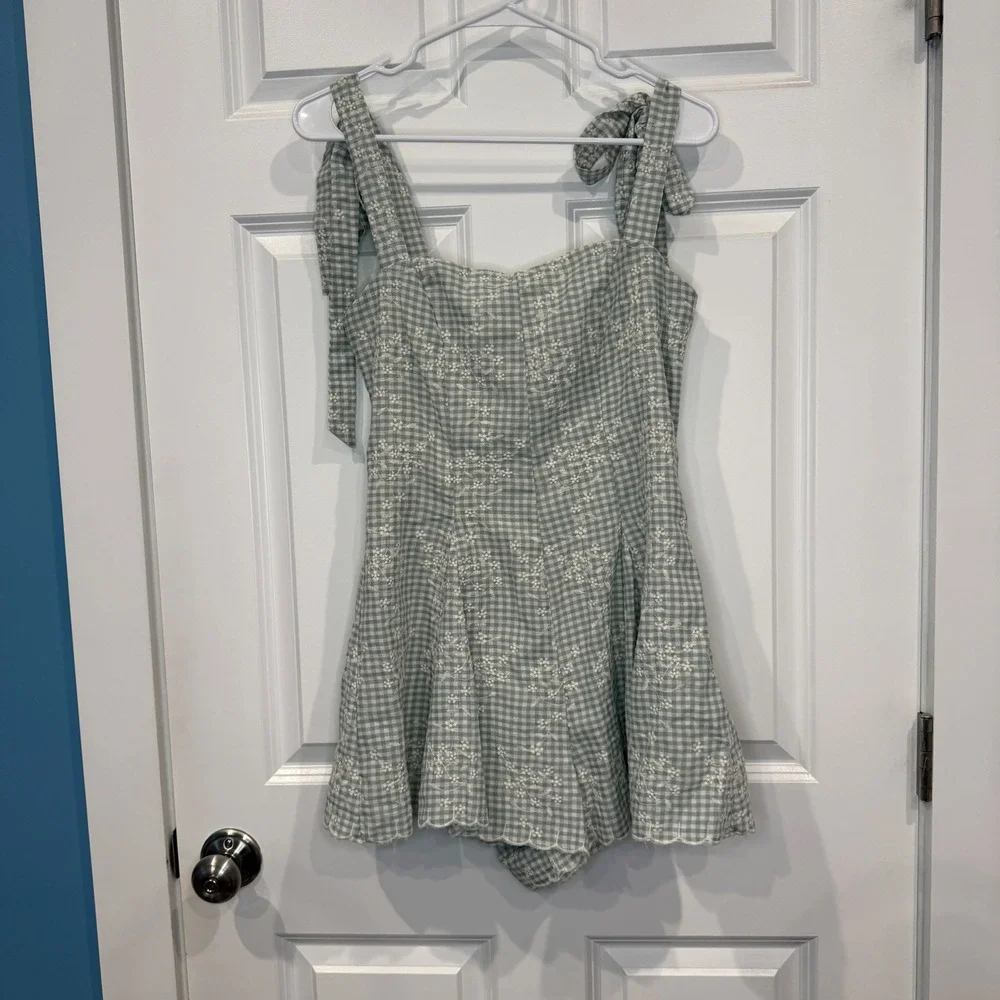 Altar'd State Size Medium Sage Green Gingham Floral Embroidered Tie Strap Romper - Picture 2 of 9